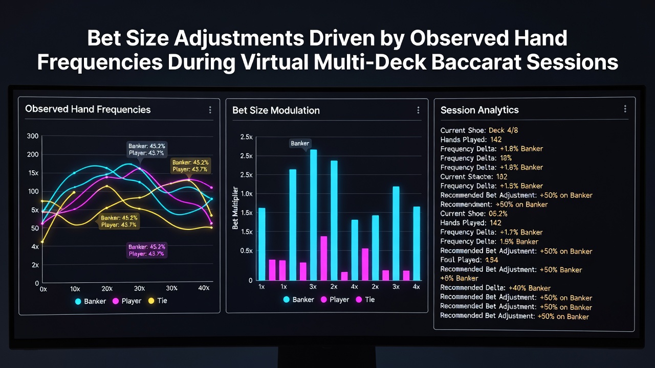Grafik illustriert Wettgrößenanpassungen basierend auf Handfrequenzen während Multi-Deck Baccarat-Sessions