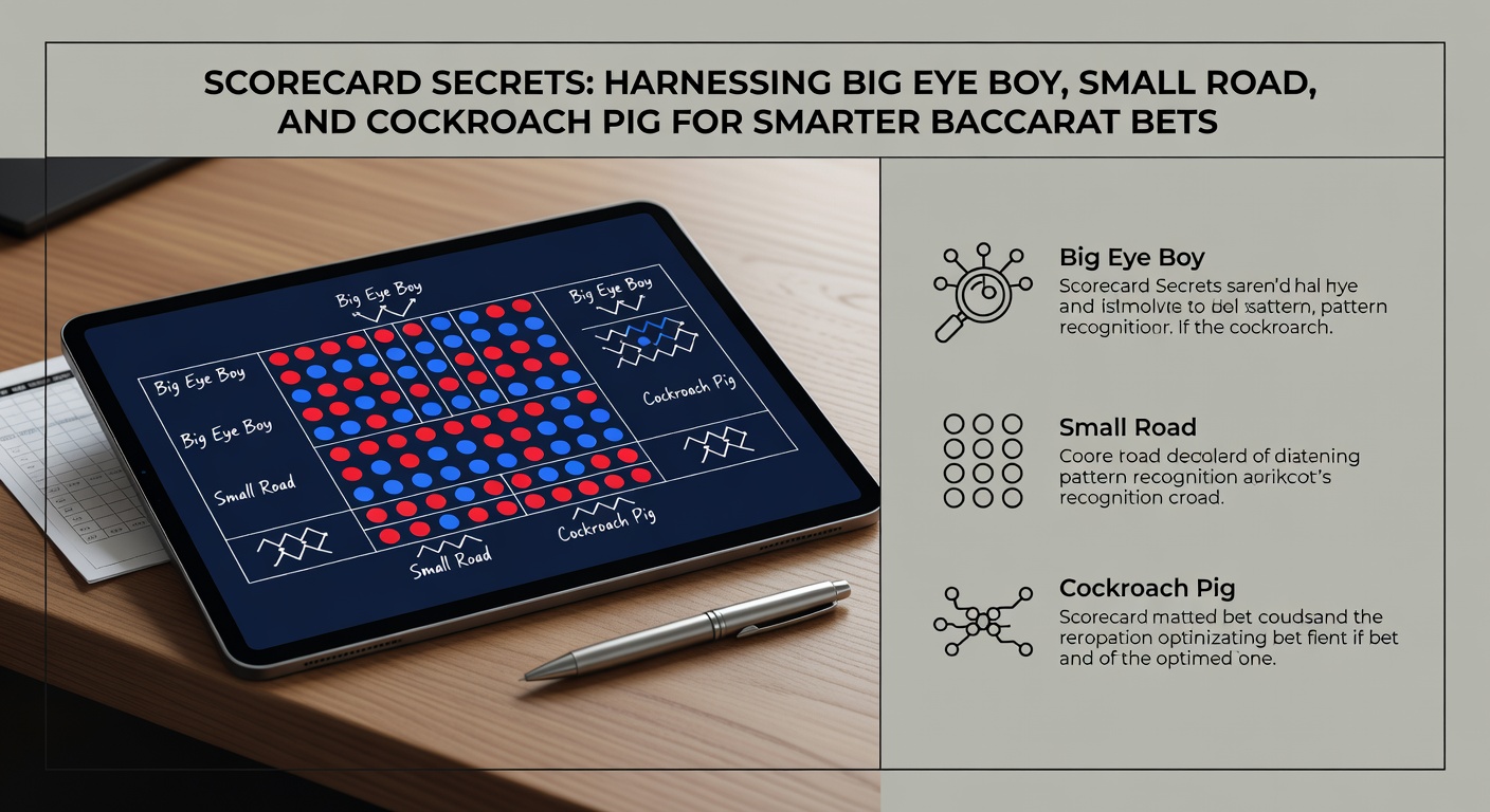 Detaillierte Baccarat-Scorecard mit markierten Big Eye Boy-, Small Road- und Cockroach-Pig-Mustern, die Trends in Banker- und Player-Siegen visualisieren