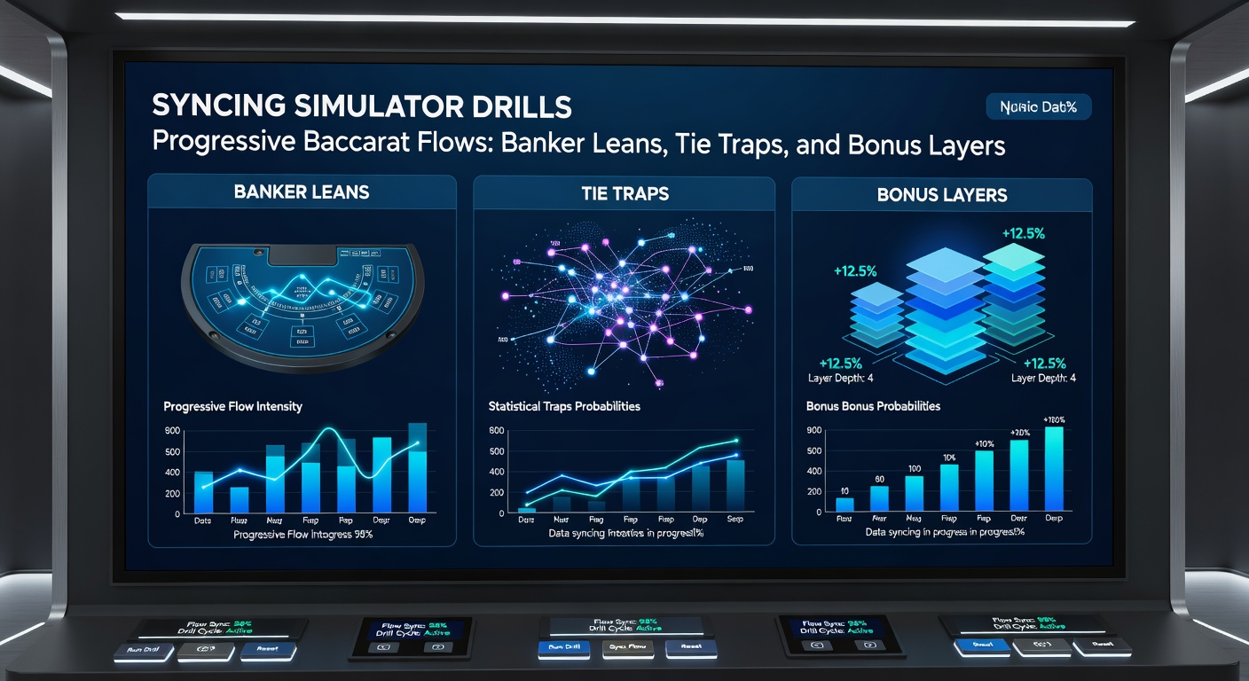 Grafik einer Tie-Falle in einem Baccarat-Simulator mit Banker-Neigungs-Pfeilen und Bonus-Layer-Indikatoren