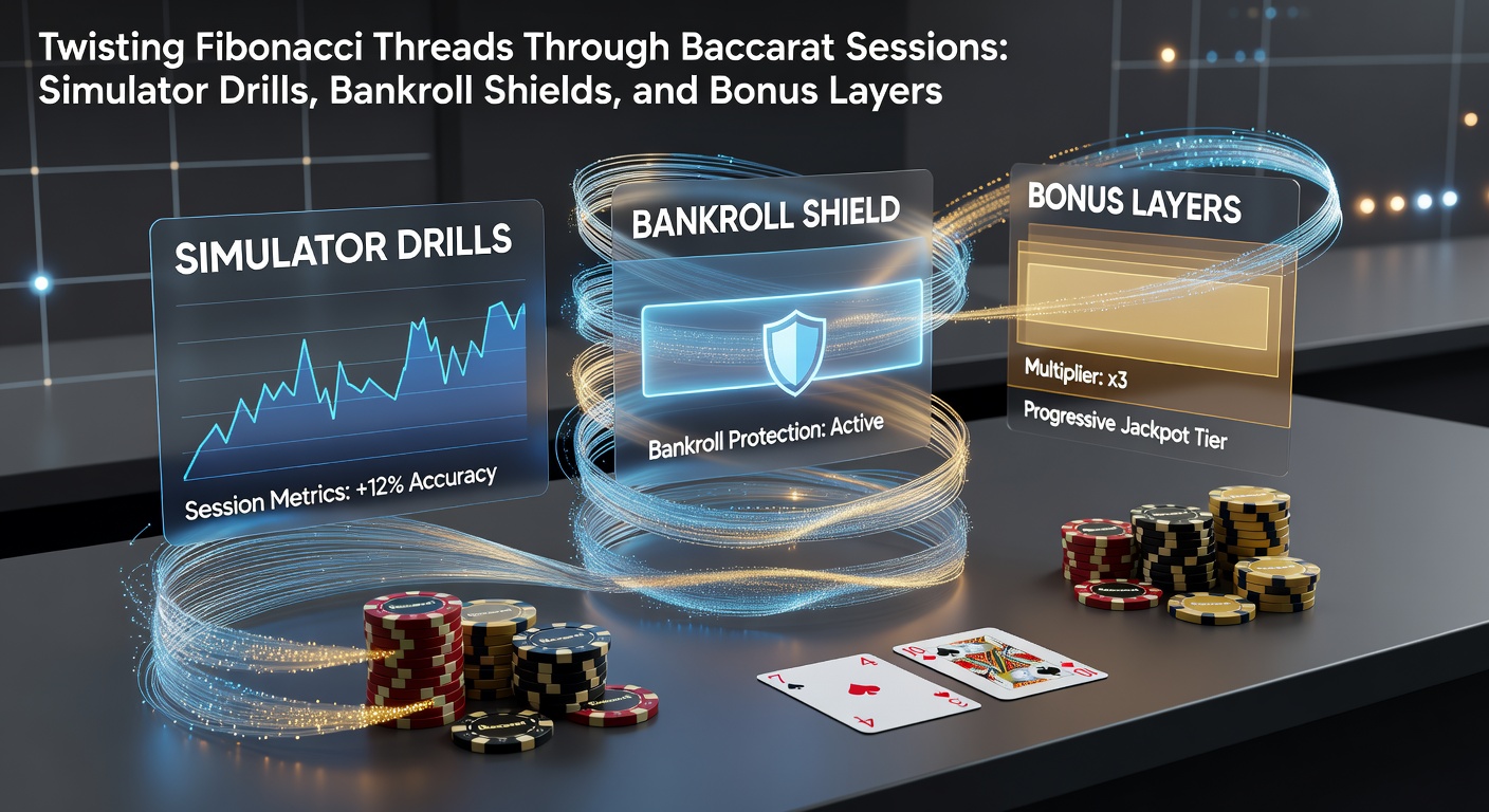 Darstellung einer verdrehten Fibonacci-Sequenz in einem Baccarat-Simulator mit Bankroll-Kurven und Bonus-Indikatoren